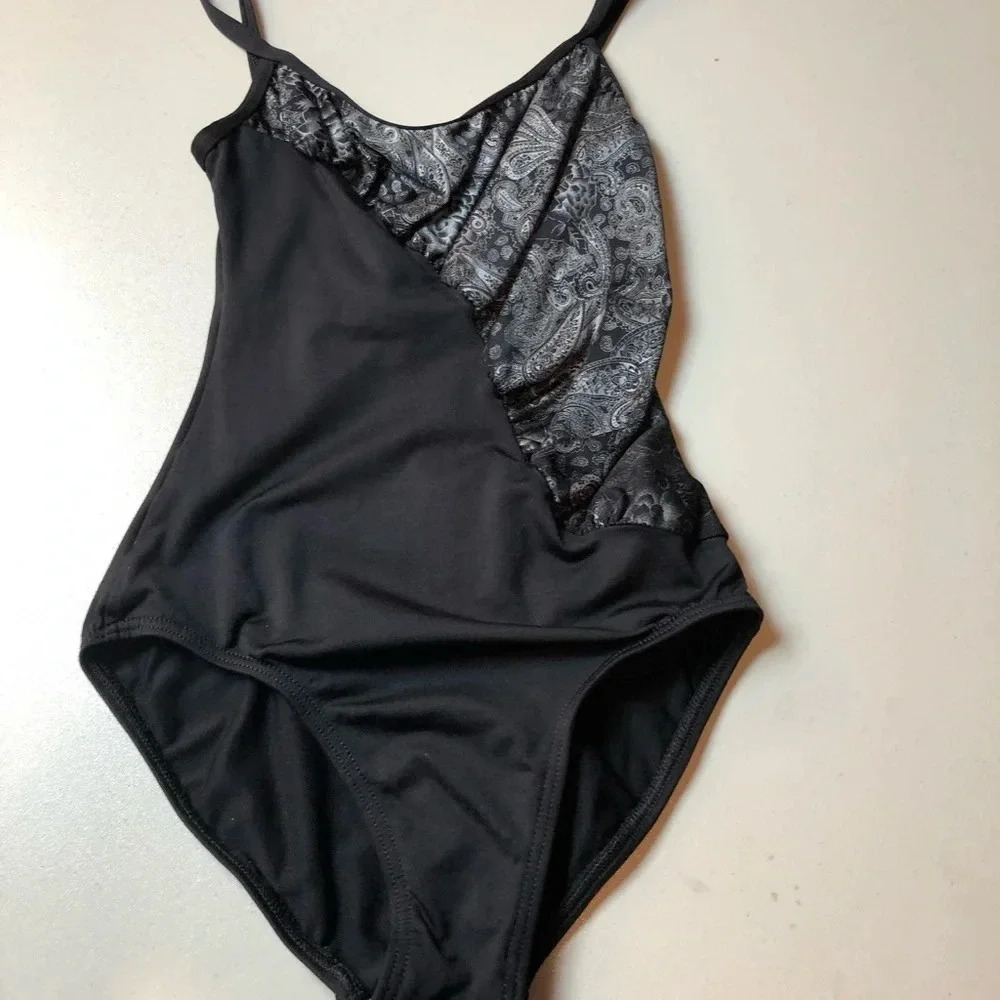 Motionwear Adult Size Small Leotard for Dance Ballet Black with Grey Partern